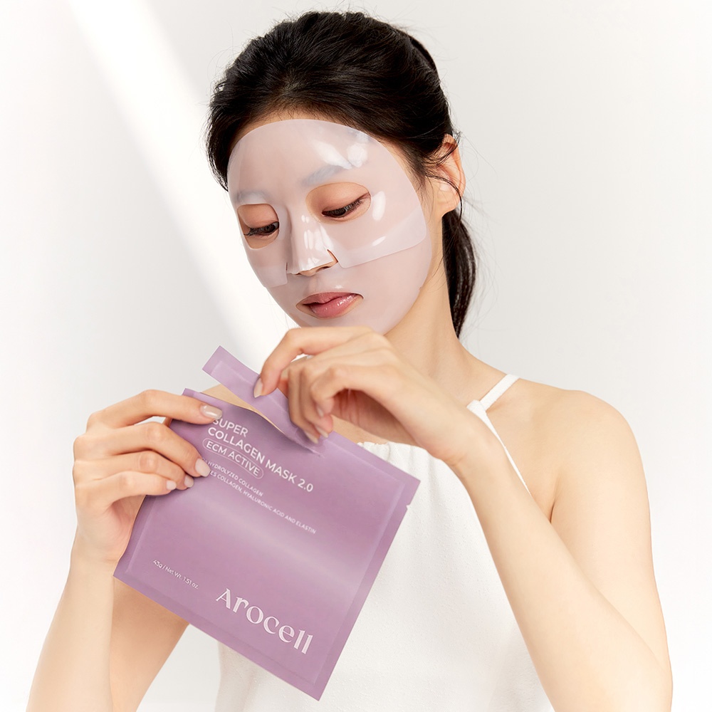 Model Wearing Arocell Super Collagen Mask 2.0 Hydrogel Sheet