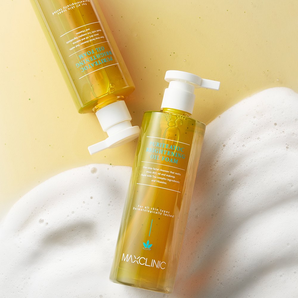 Maxclinic Puritea TOC Brightening Oil Foam yellow bottle with rich white foam